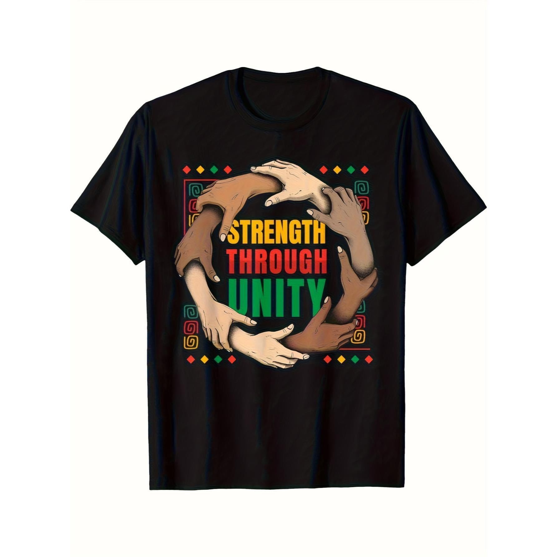 Unity Embraced T-Shirt (Strength Through Unity Design) – Black Short-Sleeve Crew Neck for Summer Outdoor Adventures, Timeless Essential, Empowering Hands T-Shirt
