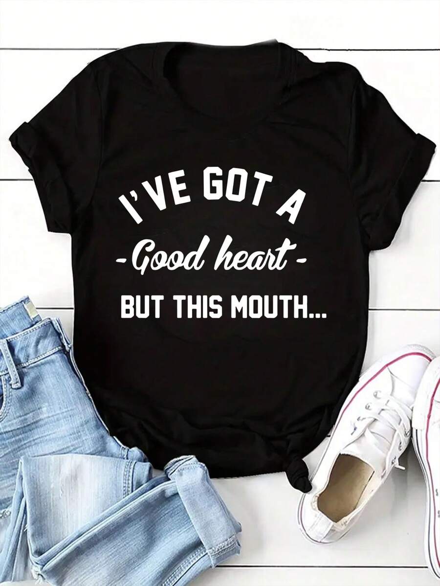 INAWLY Women Simple Printed Short Sleeve T-Shirt, Summer Casual Top I'VE GOT A Good Heart BUT THIS MOUTH Graphic Tees Women Tops