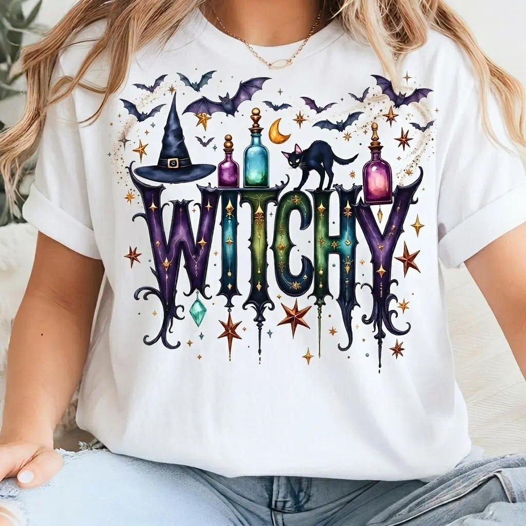 Witchy Halloween T-Shirt, Spooky Witch Potion Black Cat Graphic Tee, Mystic Bat Magic Shirt for Women