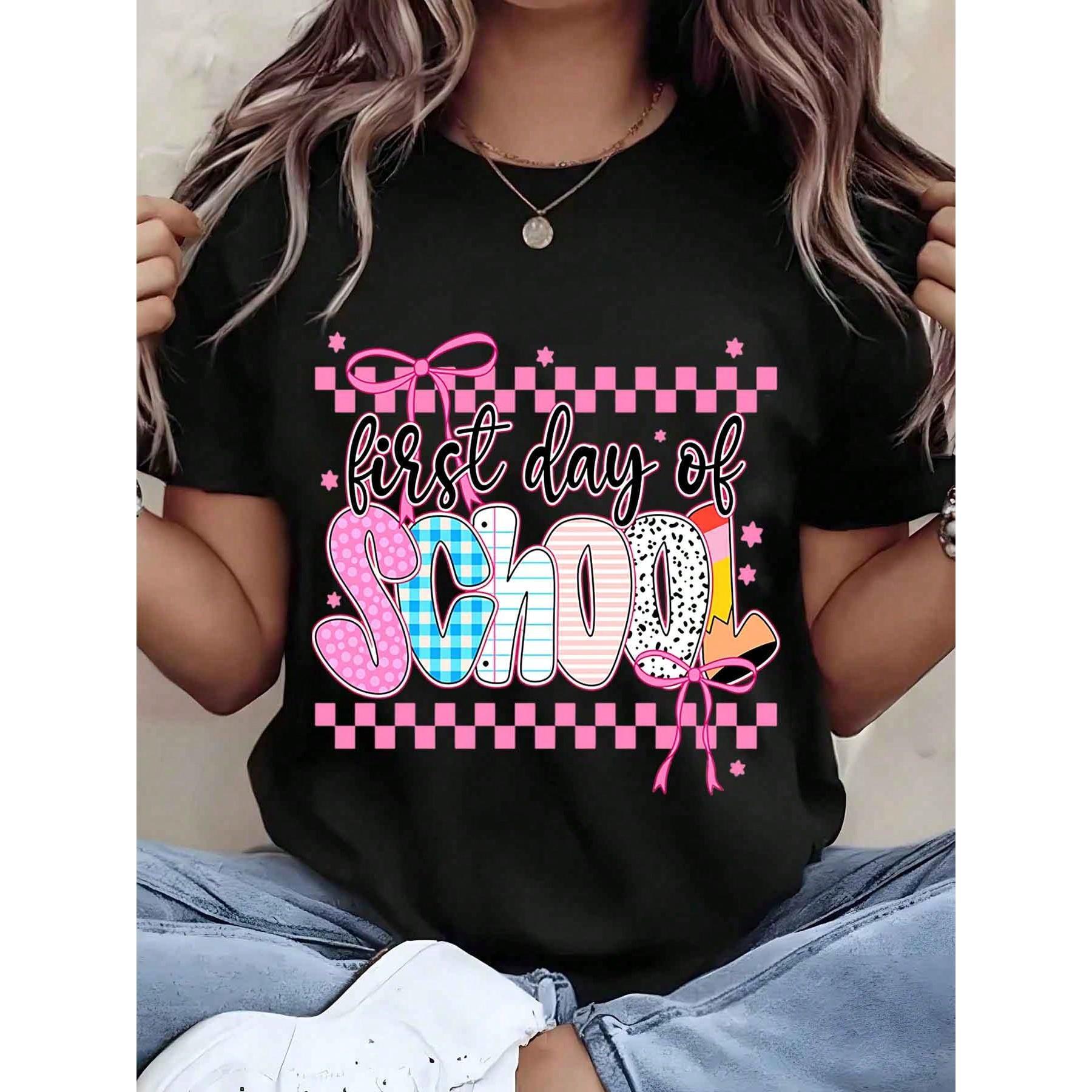 Women T Shirt First Day Of School Printed Design With Pink Bow And Checkered Pattern Crew Neck Casual Top For Back To School Gift