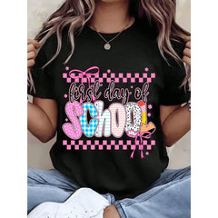 Women T Shirt First Day Of School Printed Design With Pink Bow And Checkered Pattern Crew Neck Casual Top For Back To School Gift