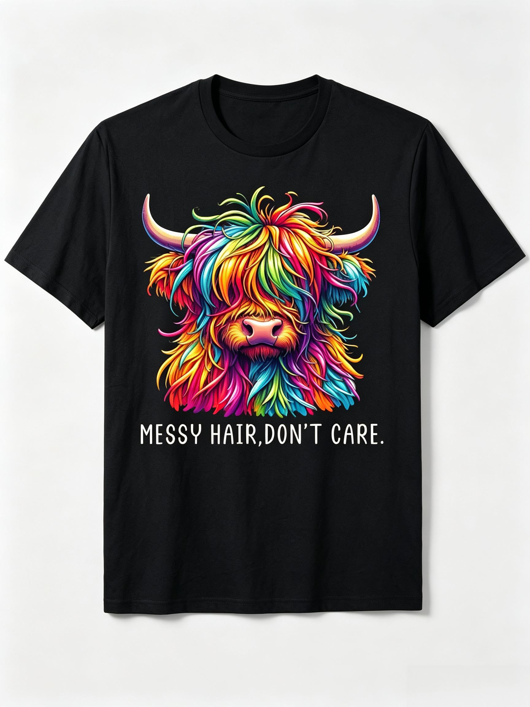 Messy Hair Don't Care T-Shirt Colorful Highland Cow Tee Funny Sarcastic Farm Lover Gift