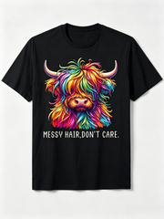 Messy Hair Don't Care T-Shirt Colorful Highland Cow Tee Funny Sarcastic Farm Lover Gift