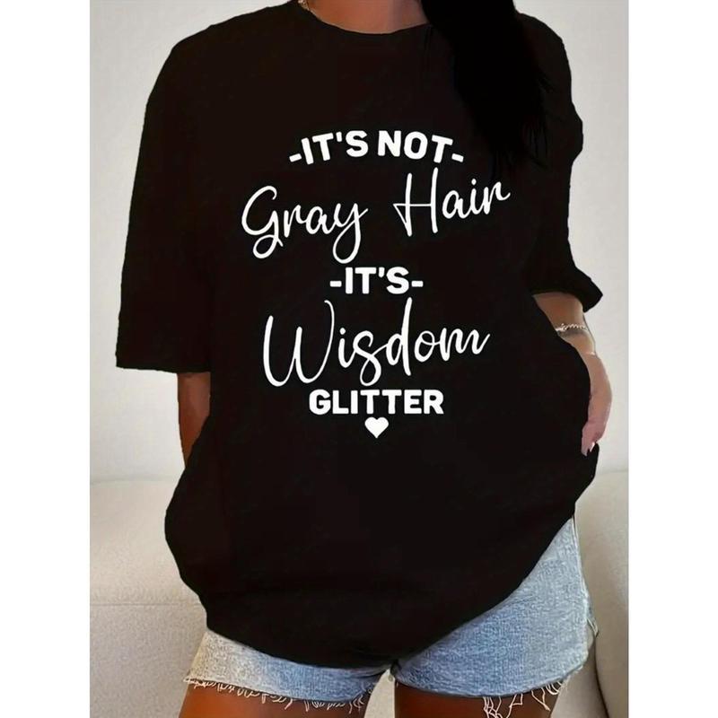 Women's Plus Size "It's Not Gray Hair It's Wisdom" Glitter Graphic T-Shirt - Black Casual Round Neck Short Sleeve Top with Positive Humorous Design, Machine Washable Summer Tee, Ladies T Shirts