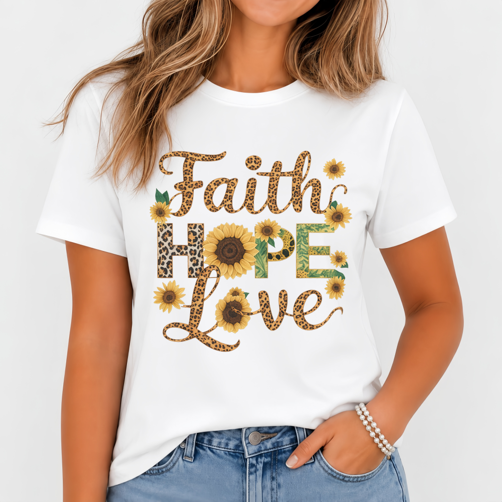 Women's Faith Hope Love Sunflower Graphic T-Shirt Christian Casual Tee