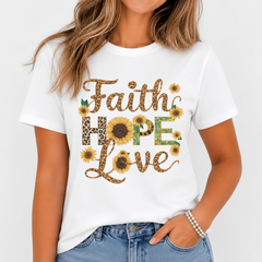 Women's Faith Hope Love Sunflower Graphic T-Shirt Christian Casual Tee