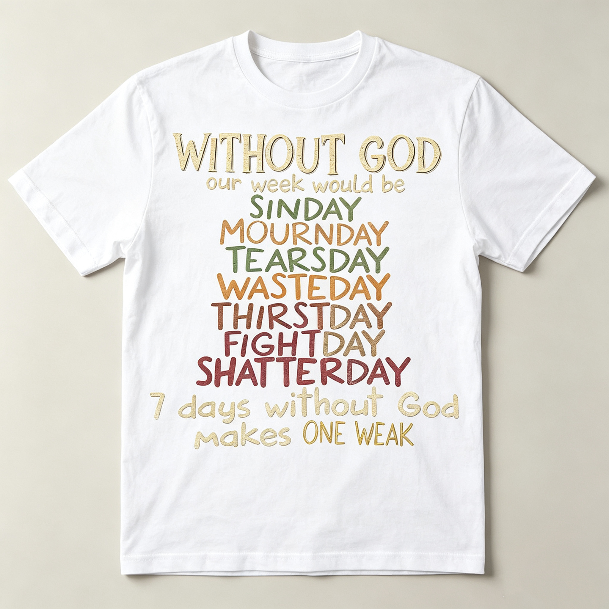 Christian Faith Humor Graphic T‑Shirt for Men Without God Our Week Would Be Funny Letter Print, Crew Neck Short Sleeve Tops