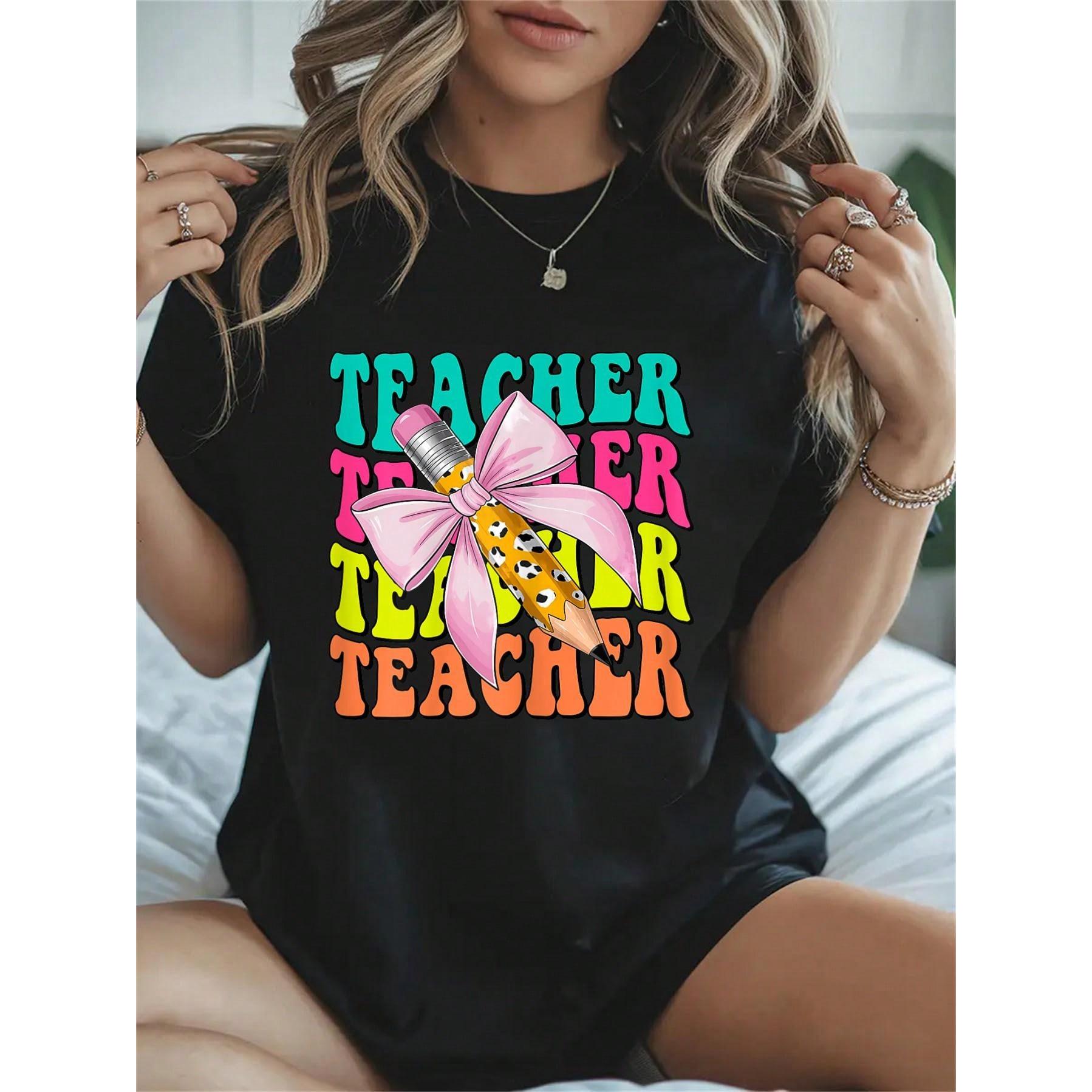 100% Cotton Groovy Teach Coquette Bow Teacher Women Girls Back To School T-Shirt Women's Men's Streetwear Graphic Tee Black Crew Neck Vacation Tops