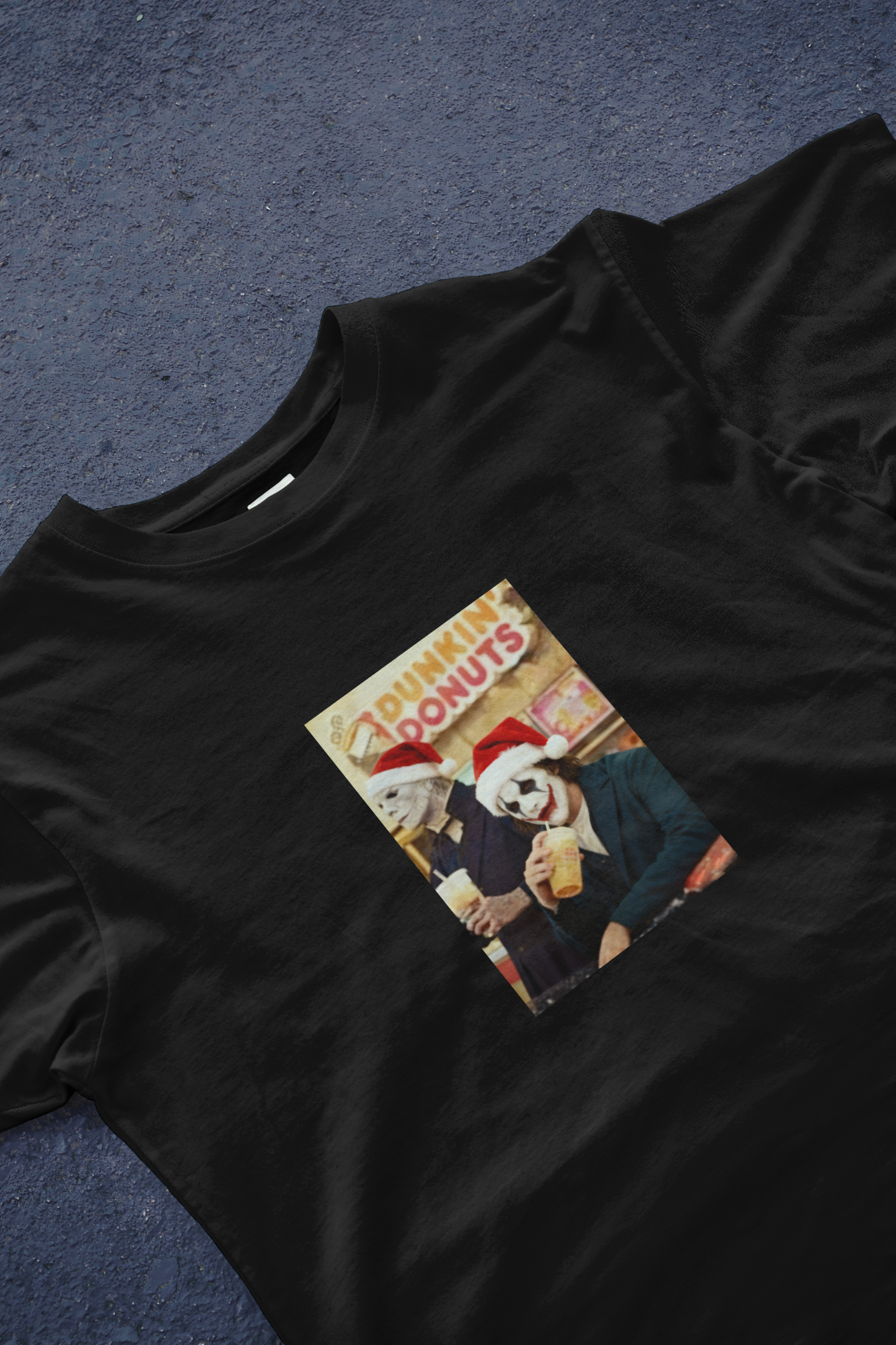 DIYANYONE Original Horror Icons Christmas Cotton T-Shirt - Dunkin' Donuts Pop Culture Meme Tee, Dark Humor Holiday Style