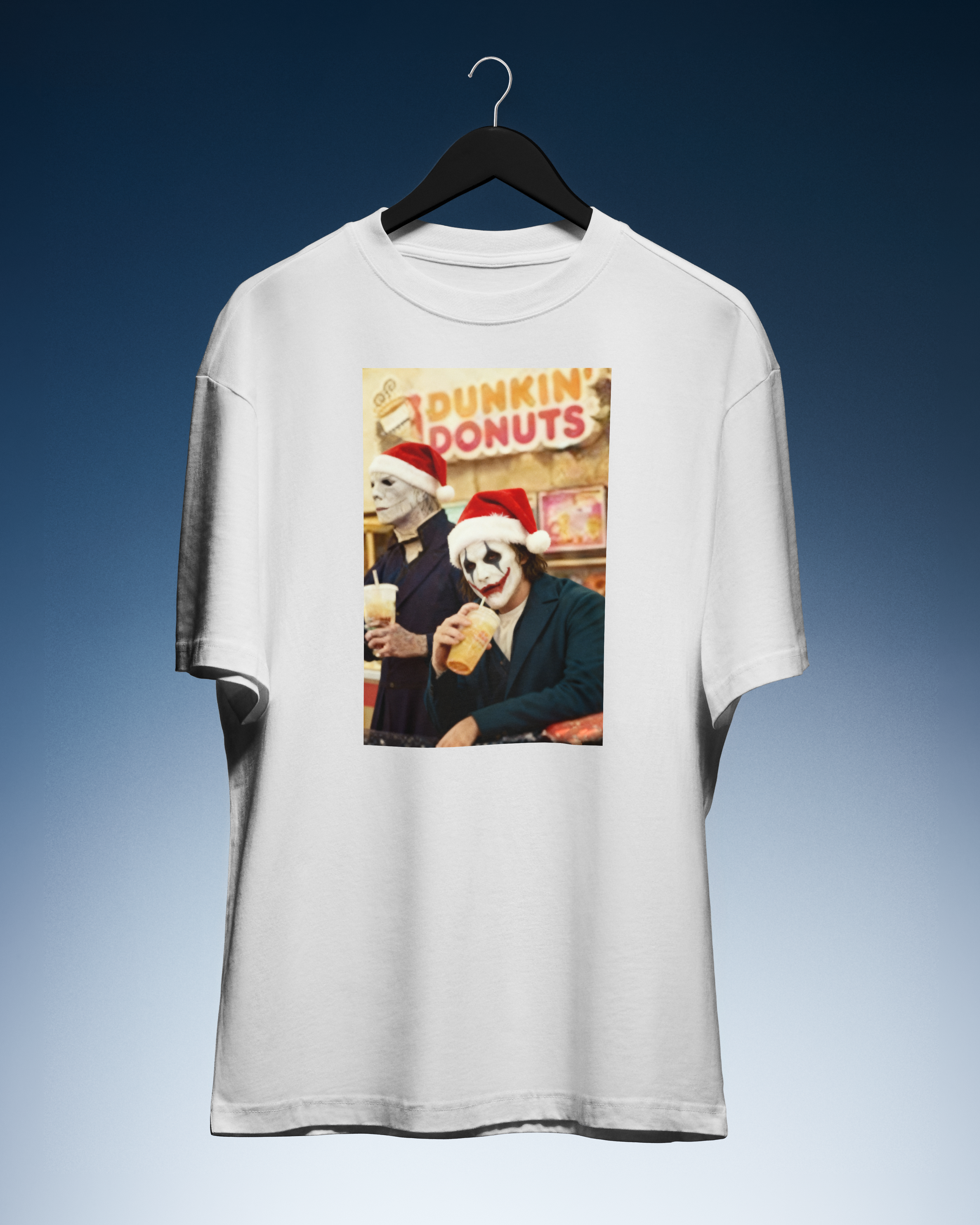 DIYANYONE Original Horror Icons Christmas Cotton T-Shirt - Dunkin' Donuts Pop Culture Meme Tee, Dark Humor Holiday Style