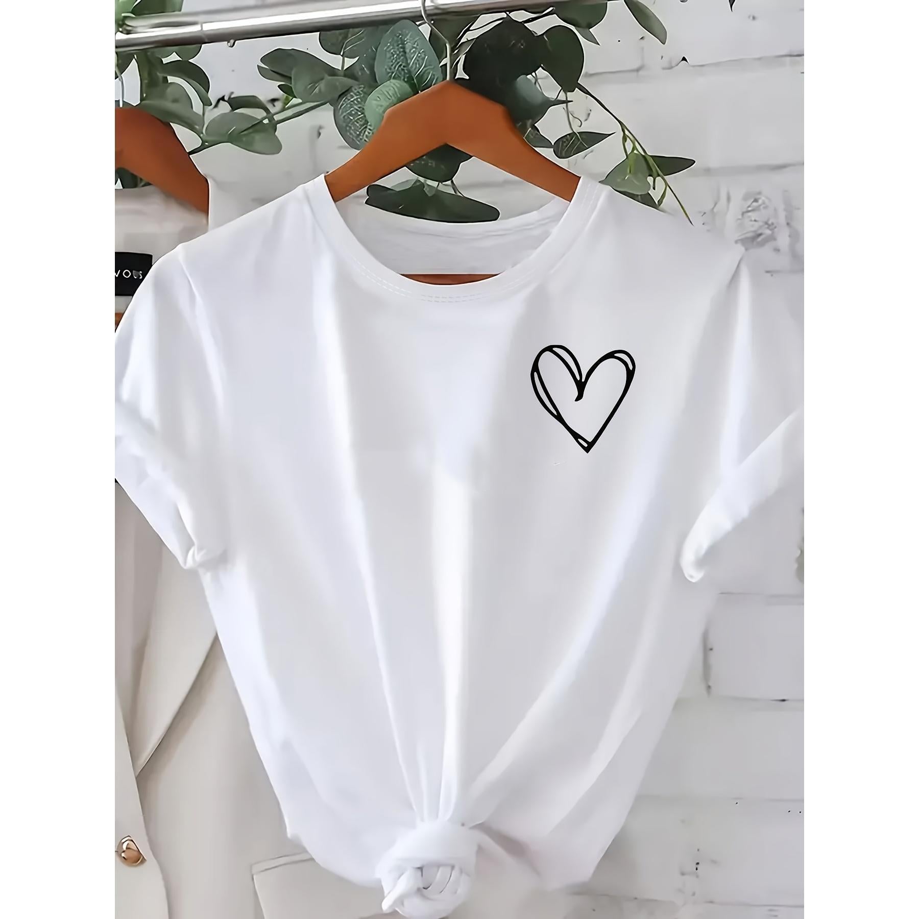 Women's Minimalist Heart Print T-Shirt, Casual Round Neck Short-Sleeve Top, Comfortable and Breathable for Daily Wear, Minimalist Heart Print Casual Sport T-Shirt