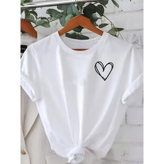Women's Minimalist Heart Print T-Shirt, Casual Round Neck Short-Sleeve Top, Comfortable and Breathable for Daily Wear, Minimalist Heart Print Casual Sport T-Shirt
