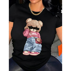 Women' Cool Bear Girl Print White TShirt Crew Neck Casual Cotton Tee