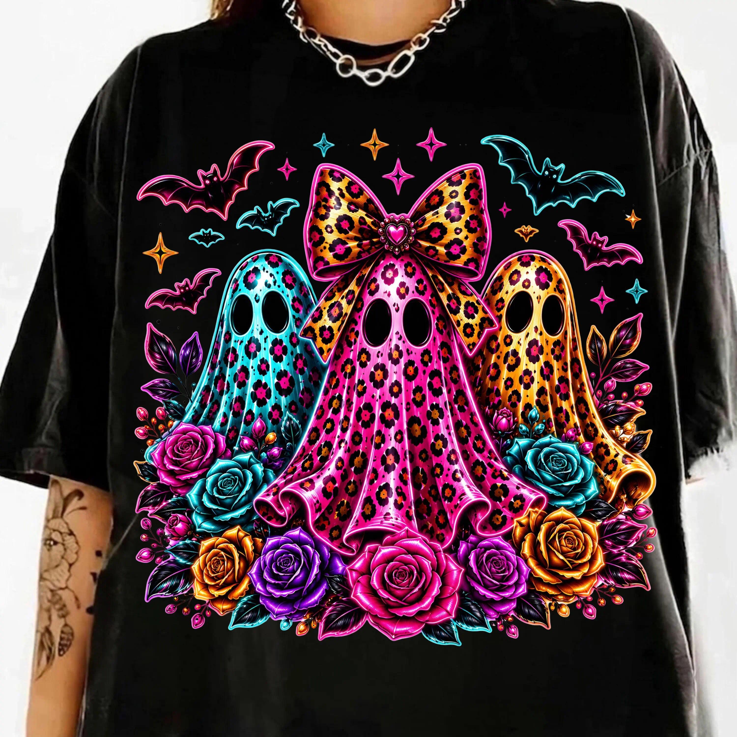 Leopard Ghost Halloween Shirt, Colorful Floral Ghost Graphic Tee, Cute Spooky Fall T-Shirt for Women