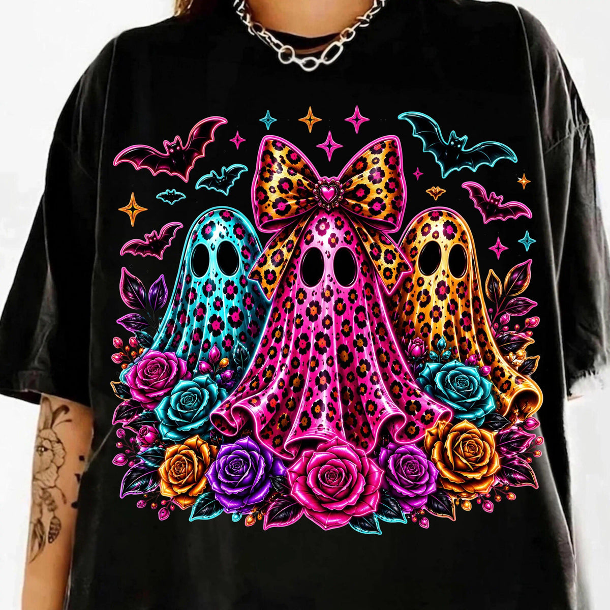 Leopard Ghost Halloween Shirt, Colorful Floral Ghost Graphic Tee, Cute Spooky Fall T-Shirt for Women