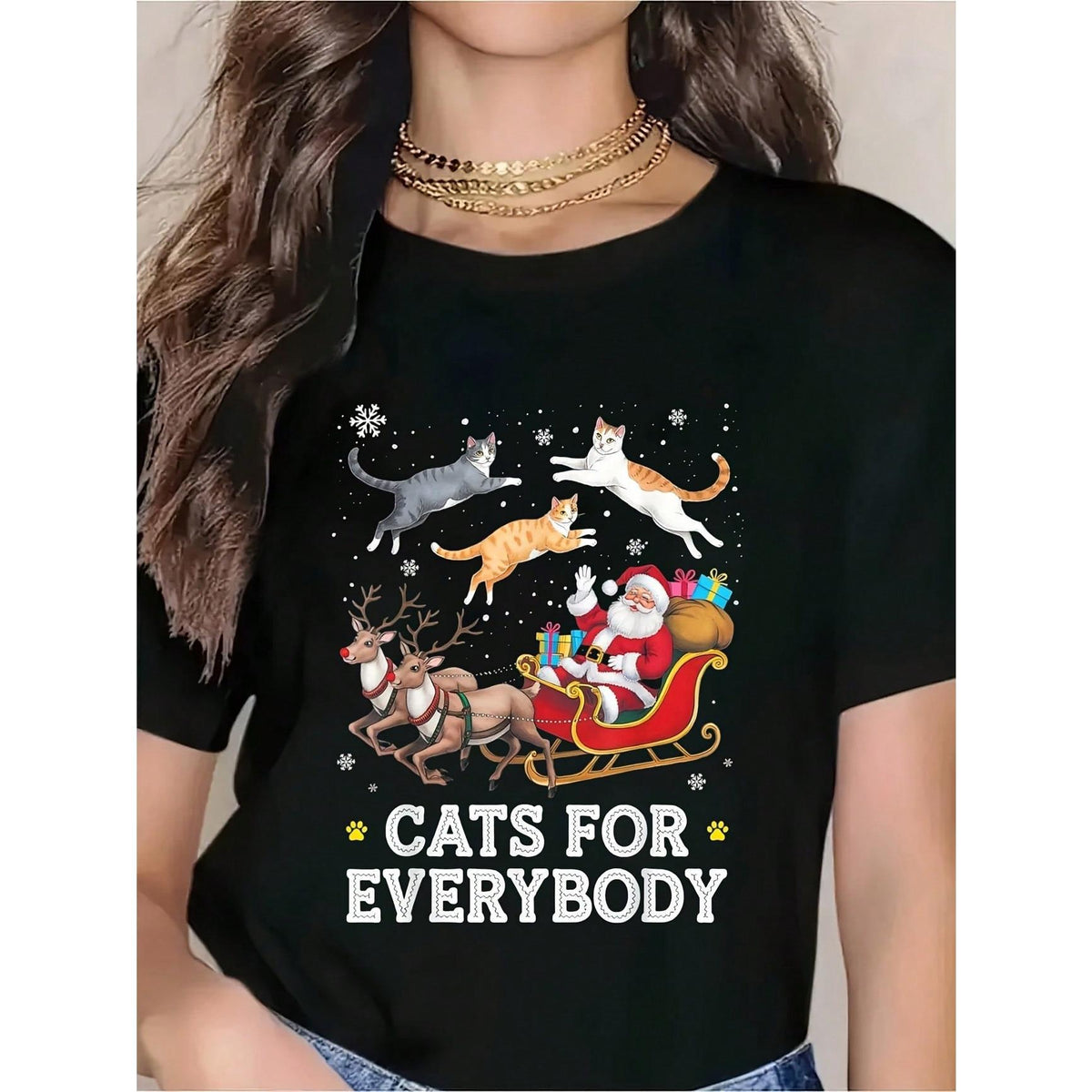 Cats For Everybody Christmas T-Shirt - Santa Sleigh With Cats And Reindeer Holiday Graphic Tee For Women, Festive Xmas Gift Top, Cute Cat Lover Christmas Apparel Fit Womenswear