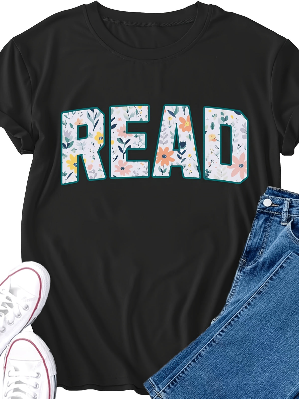 Read Book Lover Floral Letter Graphic Tee for Men Women, Cute Reading Teacher Short Sleeve T-Shirt, Casual Crew Neck Top for Bookworm Gift
