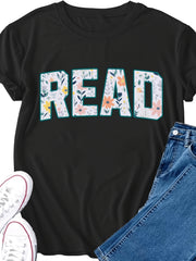 Read Book Lover Floral Letter Graphic Tee for Men Women, Cute Reading Teacher Short Sleeve T-Shirt, Casual Crew Neck Top for Bookworm Gift