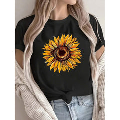 Casual Round Neck Sunflower Print T-Shirt for Women | Daily Wear, Perfect for Outdoor Activities and Leisure Outings, Design in White with Vibrant Yellow Floral Pattern