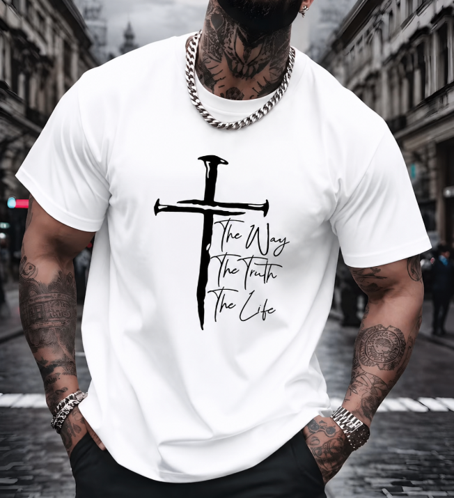 christian t shirt for men, religious graphic tee, cross print tshirt, faith mens shirt, the way the truth the life tee, church casual top, men streetwear cotton tee, christian gift for him