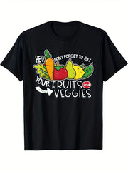 Hey Don't Forget To Eat Your Fruits And Veggies Graphic T-Shirt, Unisex Cotton Crew Neck Short Sleeve Tee, Cute Cartoon Fruit Vegetable Casual Novelty Shirt, Gift For Healthy Lifestyle Lovers