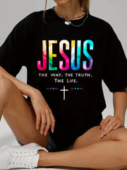 Women Religious Belief Printed T‑Shirt, Vibrant Jesus Quote Cross Graphic Crew Neck Short Sleeve Everyday Top