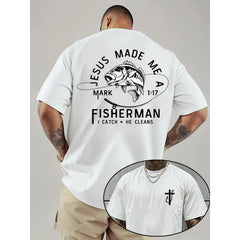 Men's Christian Fishing Graphic T-Shirt -  Made Me a Fisherman & Mark 1:17 Bible Verse Design, Casual Round Neck Summer Tee for Church Events, Fishing Trips & Casual Attire - White Christian Apparel for Men with Cross Fish Print