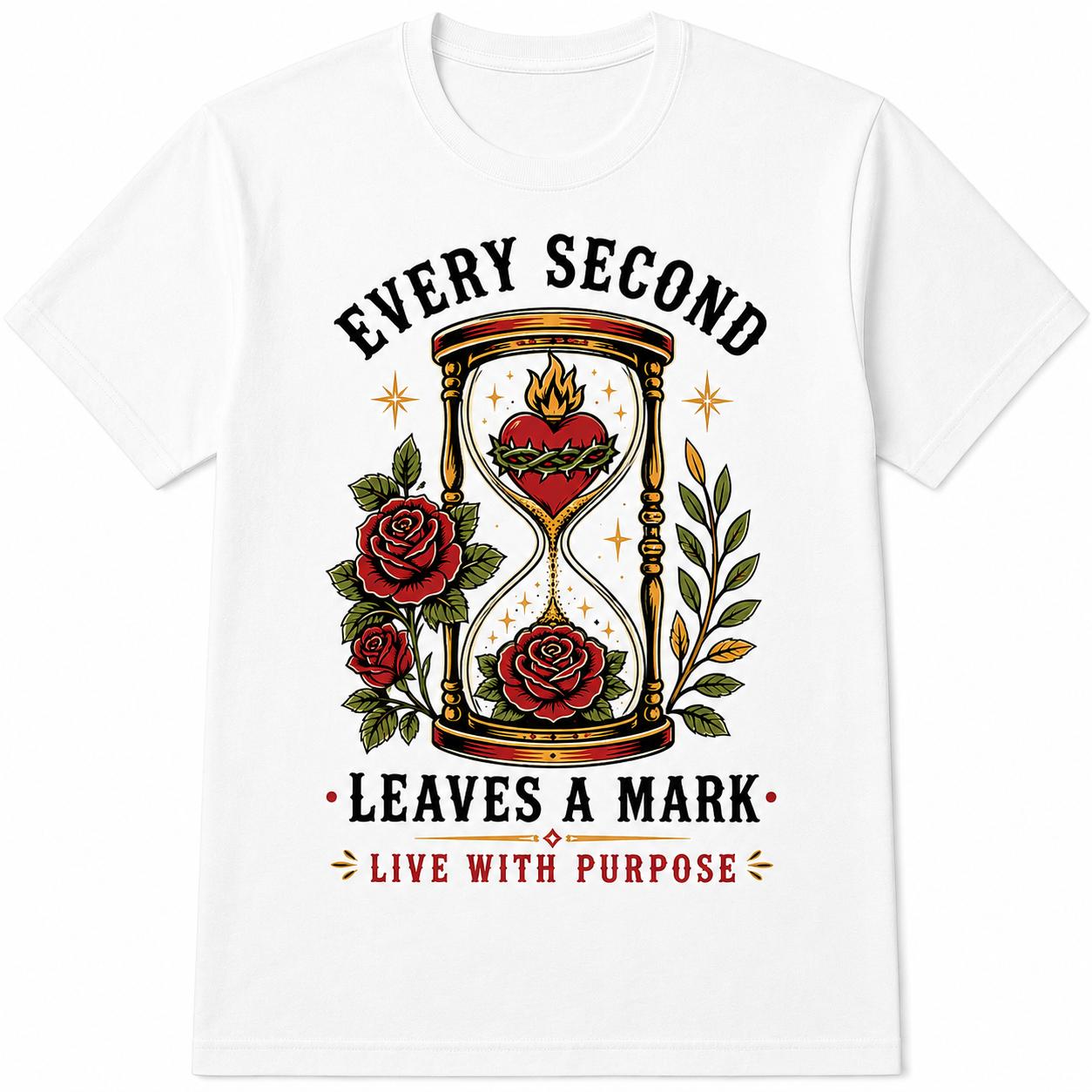Vintage Hourglass Tattoo T-Shirt Gothic Rose Every Second Leaves Mark Time Flies Dark Aesthetic Retro Streetwear Unisex Soft Cotton Casual Top Crew Neck Memento Mori Style