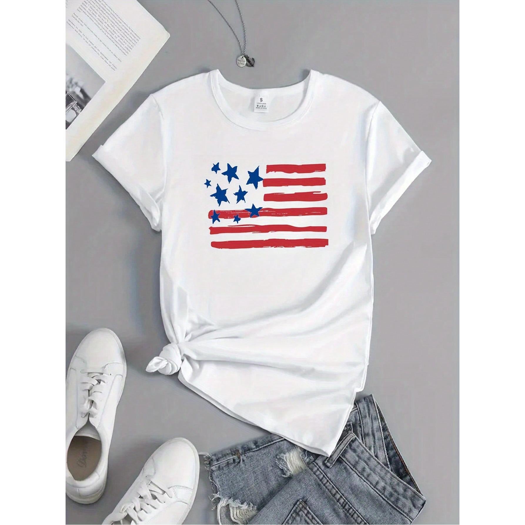 Women's Patriotic American Flag Print T-Shirt - Casual Short Sleeve Round Neck Top All-Season