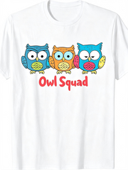 Cute Owl Squad Graphic T‑Shirt for Women, Colorful Cartoon Owls Casual Crewneck Short Sleeve Tee, Fun Animal Lover Gift Top
