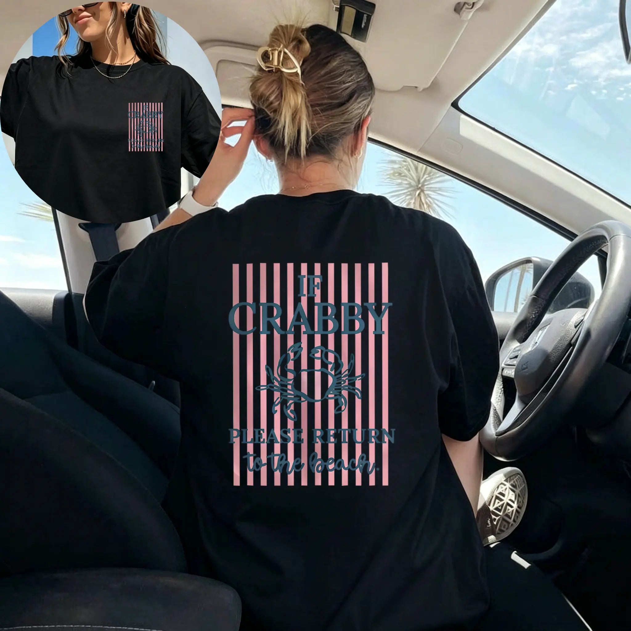 Double-Sided Print Women's Fashion Top, Women's Summer Clothing, Fresh Style, Crab Striped Printed Round Neck Pure Short Sleeve T-Shirt