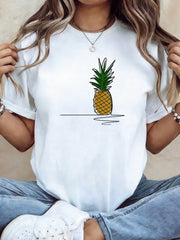 Women's Pineapple Print T-Shirt - Short Sleeve Crew Neck Blouse Suitable, Casual Top with Pineapple Fruit, Beachwear for Vacation, Casual Attire (No Style)