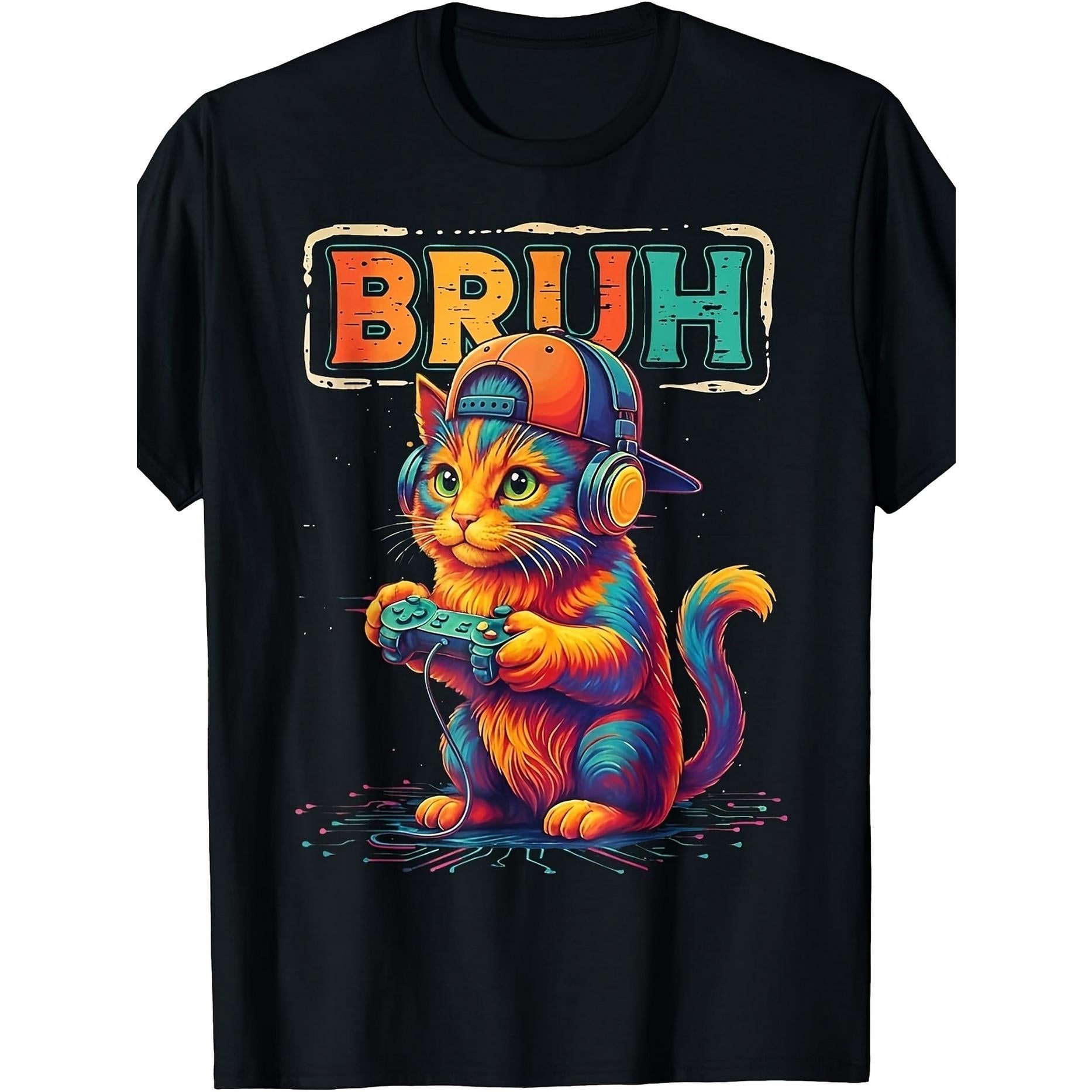 Gamer Cat BRUH Print Black TShirt