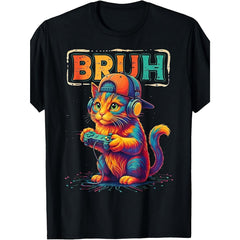 Gamer Cat BRUH Print Black TShirt