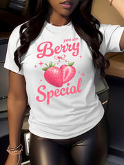 You Are Berry Special Cute Strawberry Bow Graphic T-Shirt, Vintage Fruit Positive Quote Casual Short Sleeve Tee For Women