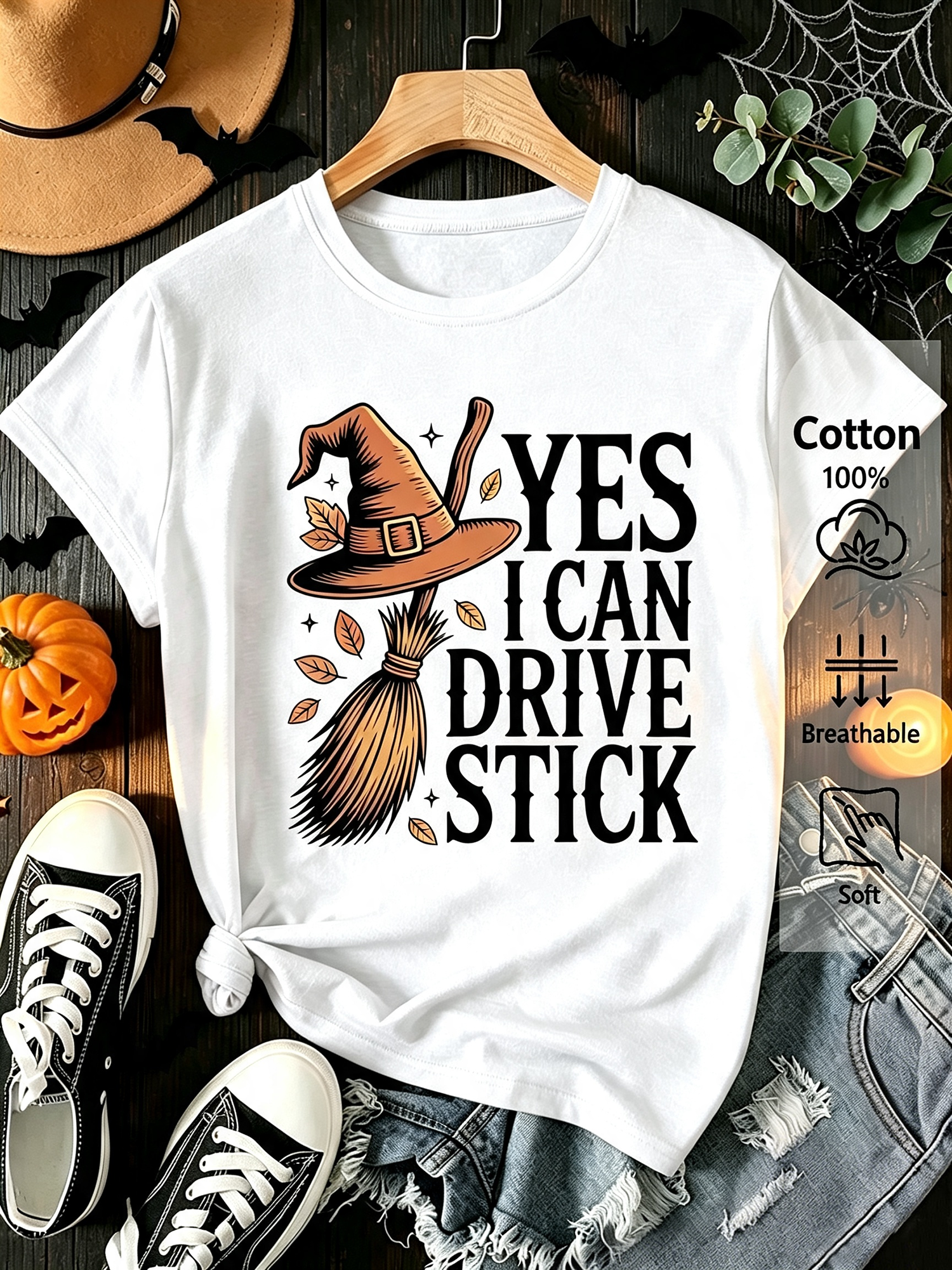 Halloween Witch Broom Graphic T‑Shirt for Women, Retro Fall Short Sleeve Crewneck Casual Holiday Tee Top
