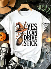 Halloween Witch Broom Graphic T‑Shirt for Women, Retro Fall Short Sleeve Crewneck Casual Holiday Tee Top