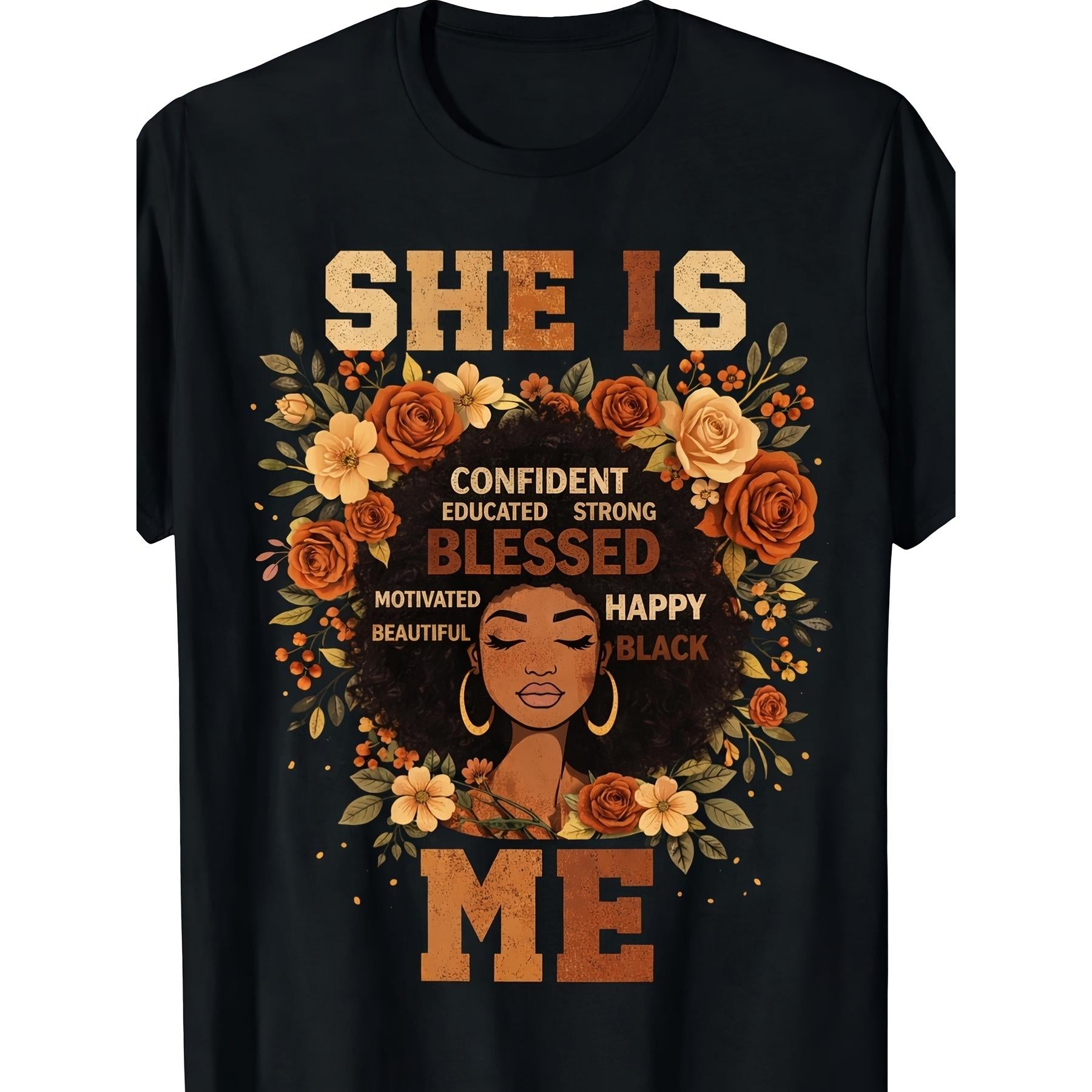 “She Is Confident, Educated, Strong, Blessed, Motivated, Happy, Beautiful, Black Me” Empowering Women’s Graphic T-Shirt – African American Pride Casual Tee, Soft Crewneck Short Sleeve