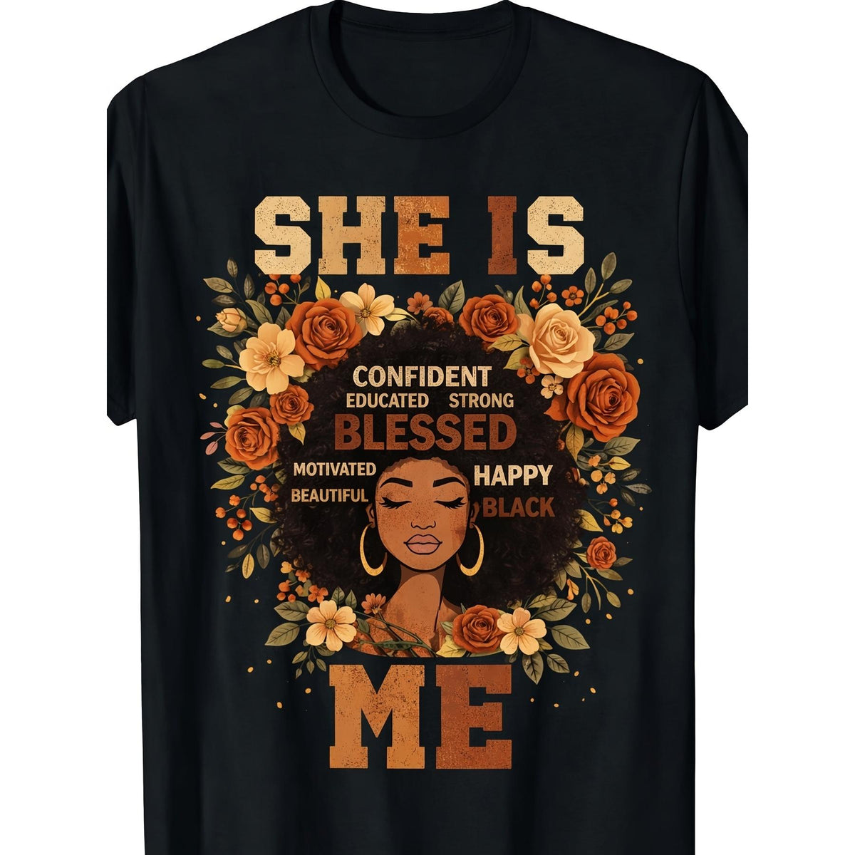 “She Is Confident, Educated, Strong, Blessed, Motivated, Happy, Beautiful, Black Me” Empowering Women’s Graphic T-Shirt – African American Pride Casual Tee, Soft Crewneck Short Sleeve