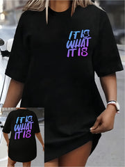 IT IS WHAT IT IS Gradient Print Plus Size Women'S T-Shirt Oversized Black Tee with Color Transition from Blue to Pink, Casual And Trendy Urban Style, Fashion Lovers Must, Vacation Clothing