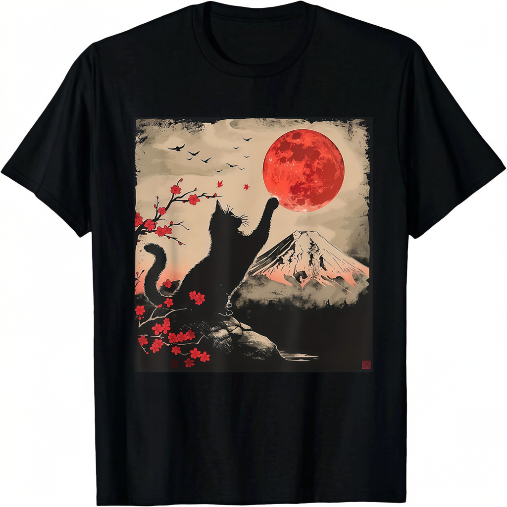 Vintage Japan Art Japanese Theme Retro Print Black Cat T-Shirt