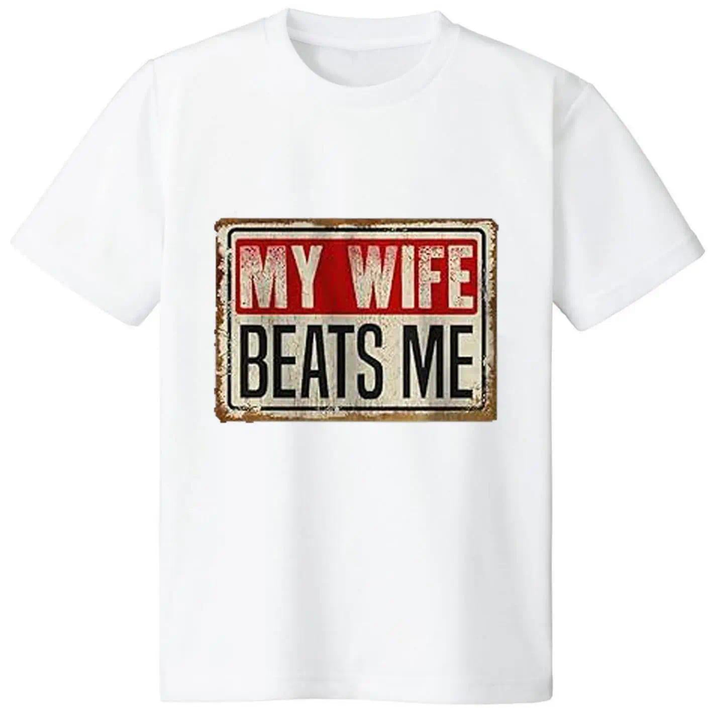 Cotton Short Sleeve T-Shirt Funny My Wife B*ats Me Shirt, American Flag Husband and Wife Shirts, Husband Shirt for Men, Father's Day Gift, Menswear Classic Casual Fabric Crewneck Shortsleeve
