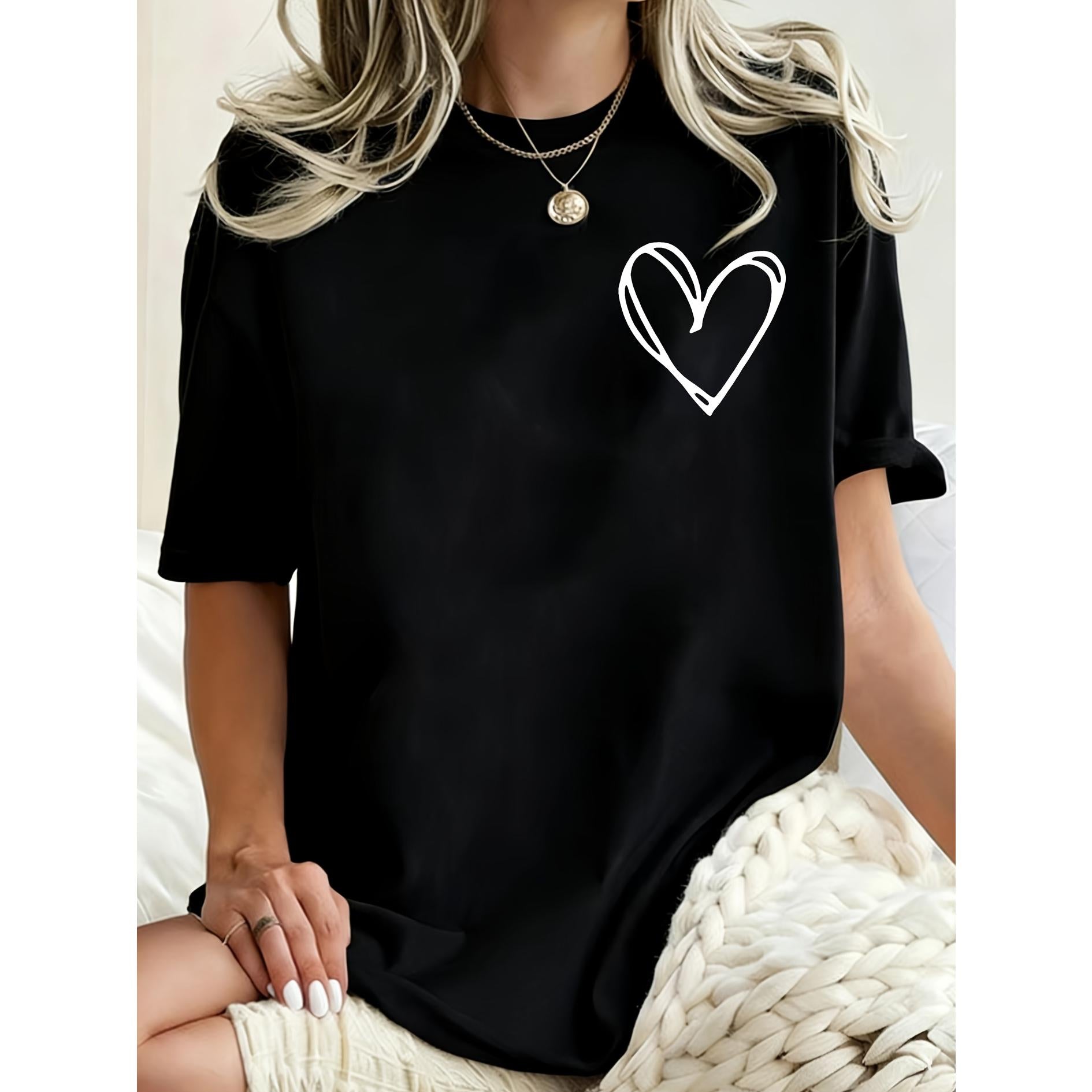 Women's Minimalist Heart Print T-Shirt, Casual Round Neck Short-Sleeve Top, Comfortable and Breathable for Daily Wear, Minimalist Heart Print Casual Sport T-Shirt