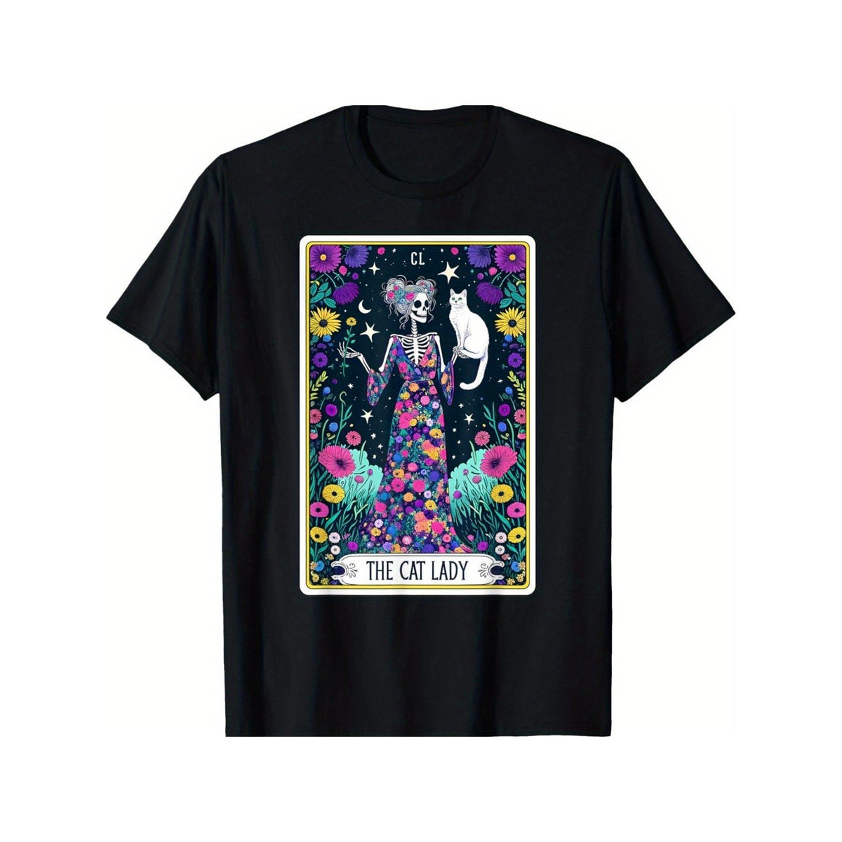 Skeleton Cat Lady Card Animal White Cat Mom T-Shirt for Both Men And Women, a Great Gift for Christmas, Halloween, Or Thanksgiving. This Unisex Tee Is Made from Soft Fabric And Features Comfortable Black Short Sleeves
