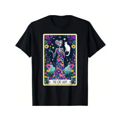 Skeleton Cat Lady Card Animal White Cat Mom T-Shirt for Both Men And Women, a Great Gift for Christmas, Halloween, Or Thanksgiving. This Unisex Tee Is Made from Soft Fabric And Features Comfortable Black Short Sleeves