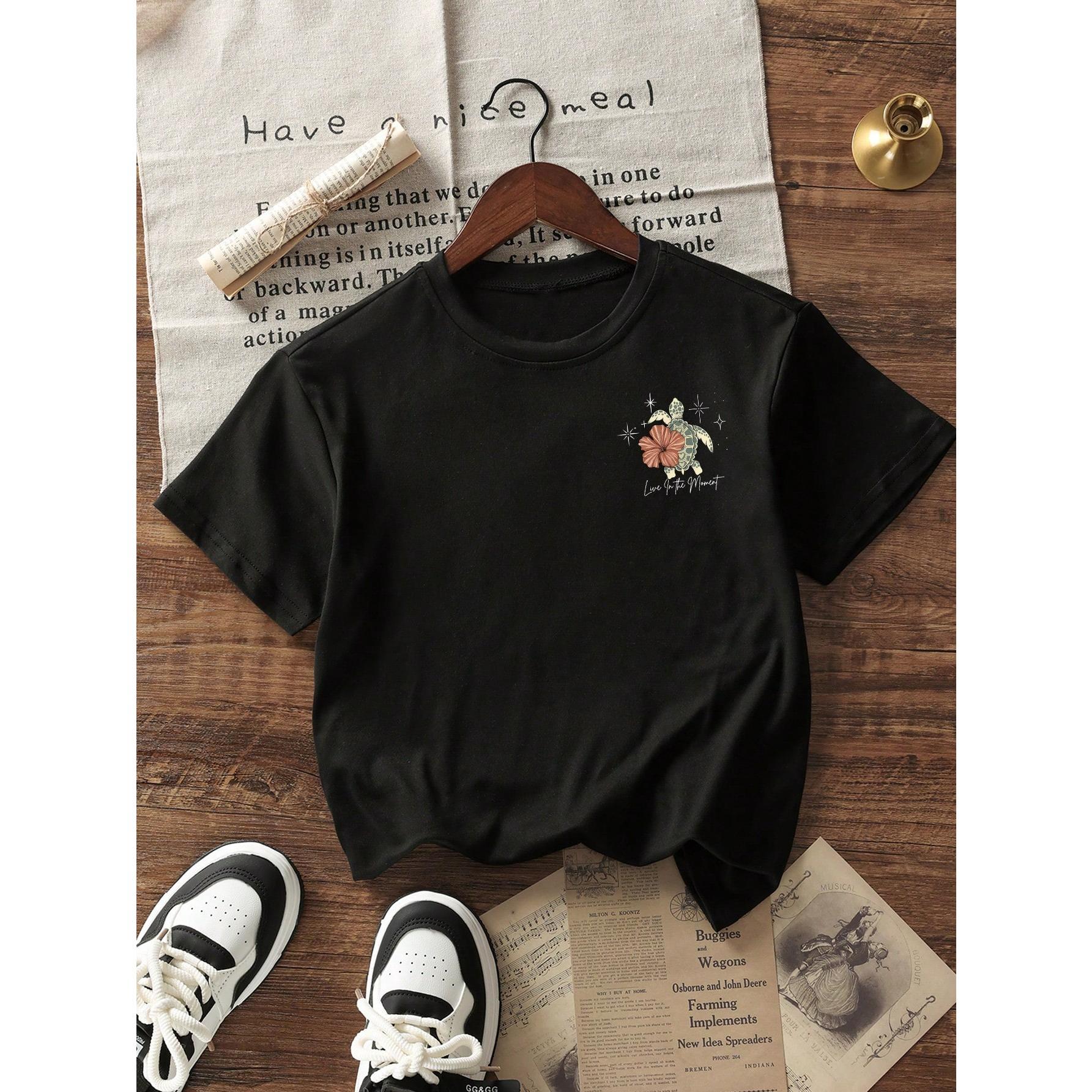 Women's Summer Turtle, Floral & Letter Print Casual Loose Round Neck Beach Vacation T-Shirt White