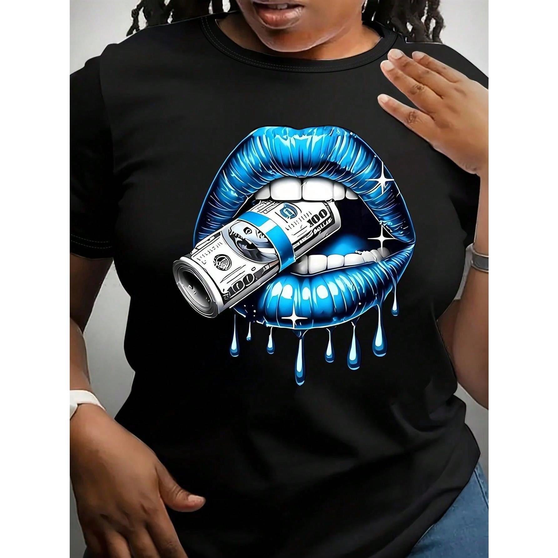 Bold Blue Lips Graphic TShirt Eye-Catching Black Tee Design Featuring Dripping Blue Substance And Hundred Dollar Bill, Per