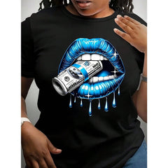 Bold Blue Lips Graphic TShirt Eye-Catching Black Tee Design Featuring Dripping Blue Substance And Hundred Dollar Bill, Per