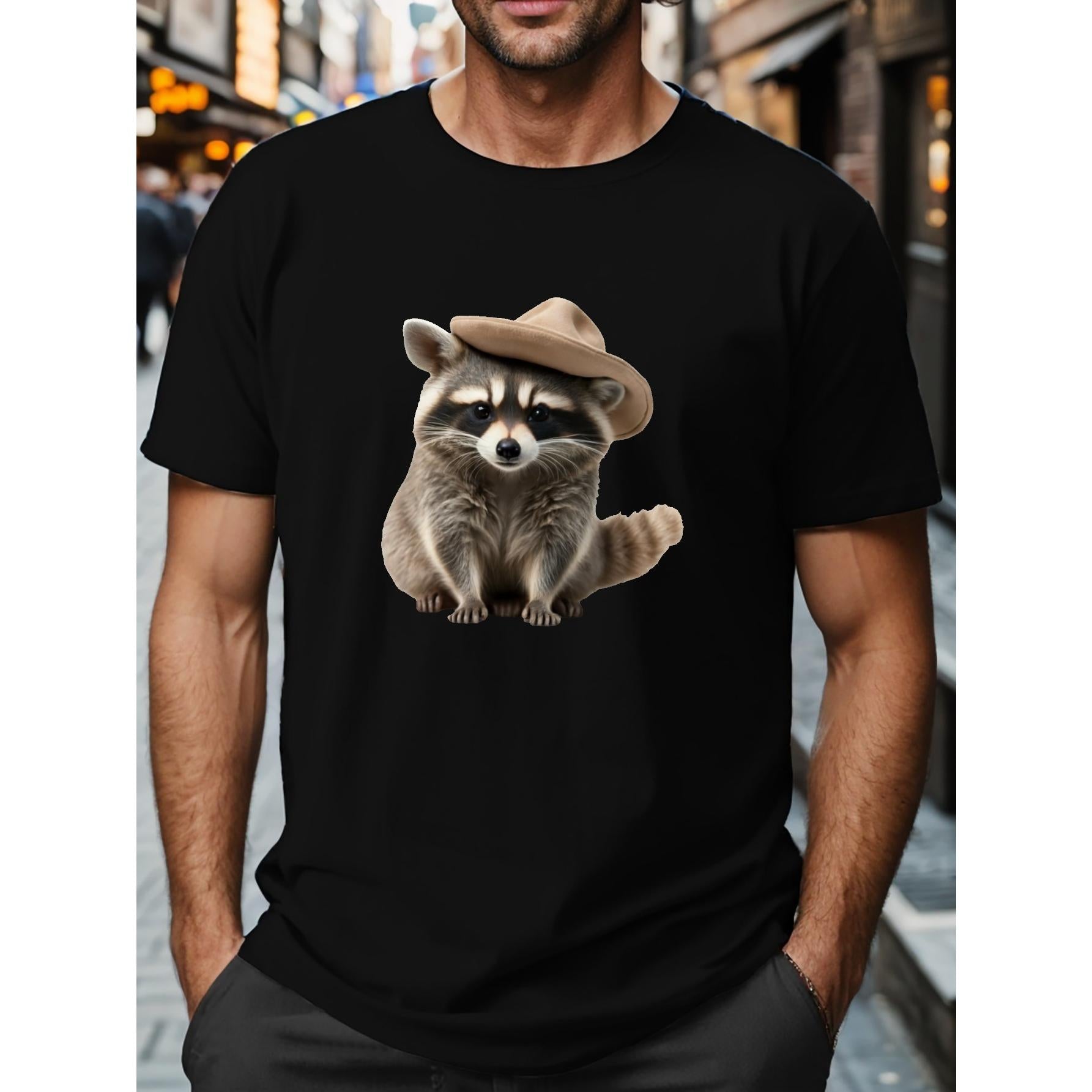 Men's Raccoon Print T-shirt, Casual Short Sleeve Graphic Tee in Soft 100% Cotton for Daily Leisure and Travel, Shortsleeve, Tshirt, Sports, Crew Neck
