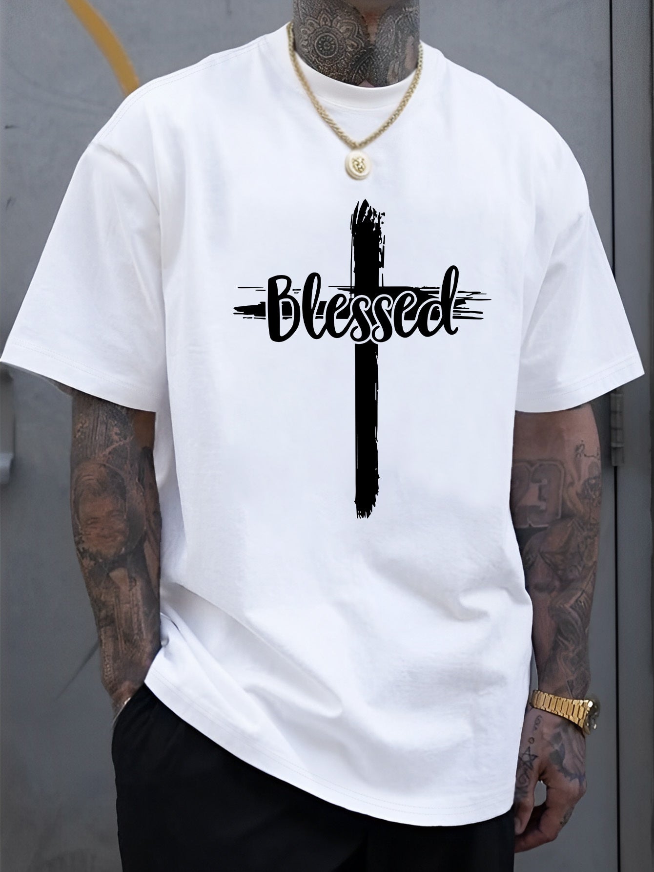 Men's Christian Faith T-Shirt with Blessed Lettering & Cross Print - 100% COTTON  Heavyweight Short Sleeve Round Neck Casual Church Wear,  Everyday Comfortable Summer Apparel for Men,